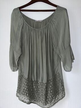 Tina Stephens Green Long Sleeve Eyelet Scoop Neck Boho Peasant Cottagecore XL